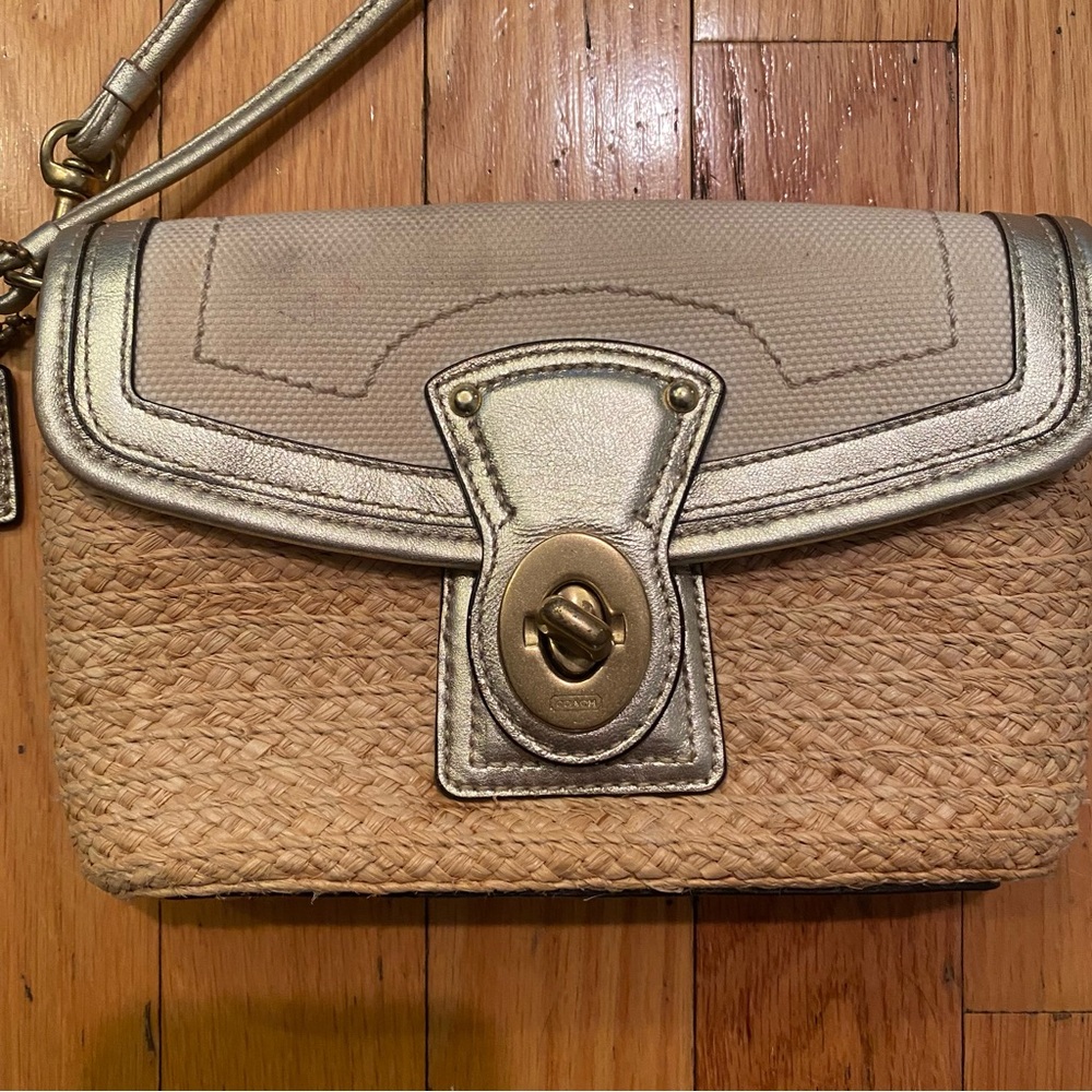 Vtg Y2K Coach Summertime Straw Raffia Leather Turn Lock Clutch Wristlet